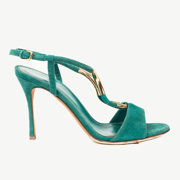 Sergio Rossi Twist Radiant Green Goat Suede Sandals - Picture 1 of 9